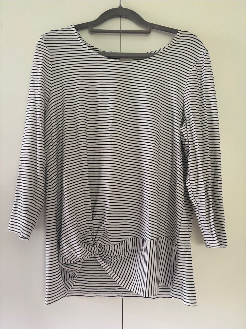 Chico's Black and White Striped Long-Sleeve Knot-Front Top size 1